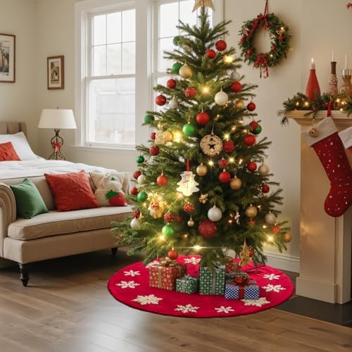 Lanpn Christmas Tree Skirt 16 inch, Velet Xmas Tree Skirt with Embroidery Snowflake Winter Christmas Tree Mat for Small mini Silm Pencil Tree Winter Holiday Indoor Xmas Decor (Red, 40cm) - Image 6