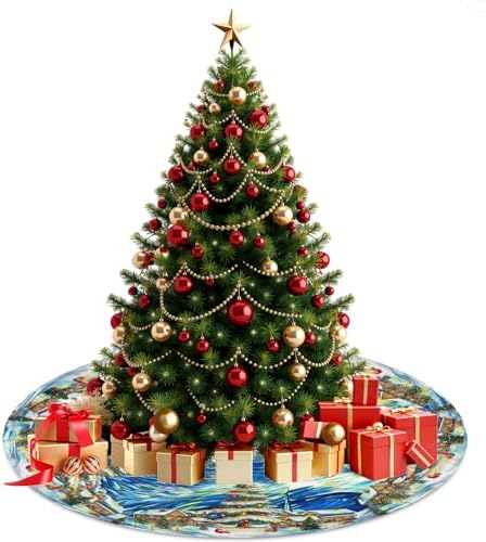 30 Inch Van Gogh Starry Night Christmas Tree Skirt Winter Blue Sky Moon Art Xmas Trees Skirts Mat for New Year Festive Farmhouse Holiday Party Decoration - Image 7