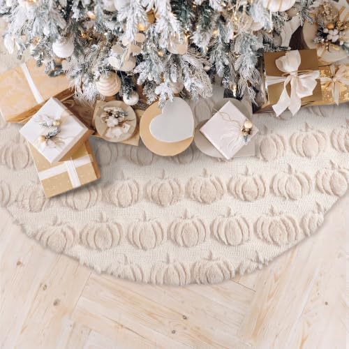 Thenshop Fall Tree Skirt 36 Inch Beige Plush with 3D Pumpkins - Image 6