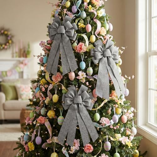 Gray Large Bow for Wreath Tree Topper 11x21 Inch Linen Texture Wired Ribbon Big Bows for Front Door Modern Farmhouse Everyday Decor Gift - Image 6