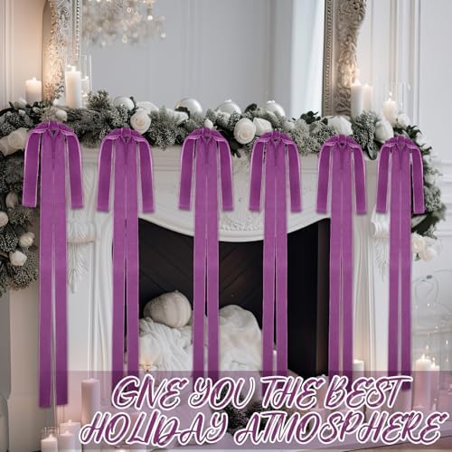 Janinka 6 Pcs Long Purple Christmas Velvet Bow Ornament Vintage Tree Decor - Image 6