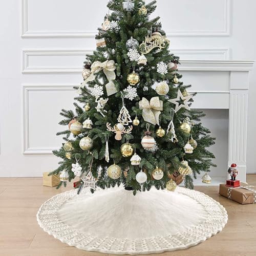 Christmas Tree Skirt 48 Inch Knitted Xmas Tree Skirt Cable Knit Tree Skirt Christmas Tree Decorations for Farmhouse Xmas Holiday Home Party (White, 48in) - Image 7