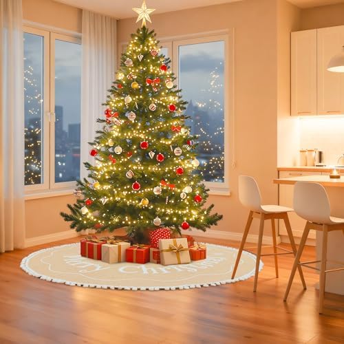 AerWo 72 inch Extra Large Christmas Tree Skirt, Rustic Burlap Tree Skirt Vintage Xmas Cover for Christmas Party Mat Indoor Outdoor Fall Holiday Family Winter Farmhouse Decorations - Image 6