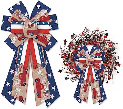 Large Patriotic Wreath Bows 4th of July Decor Bows for Wreath American Flag Truck Star Brown Burlap Patriotic Bows for Independence Day Front Door Indoor Outdoor Wall Tree Topper Decoration Supplies - Image 6