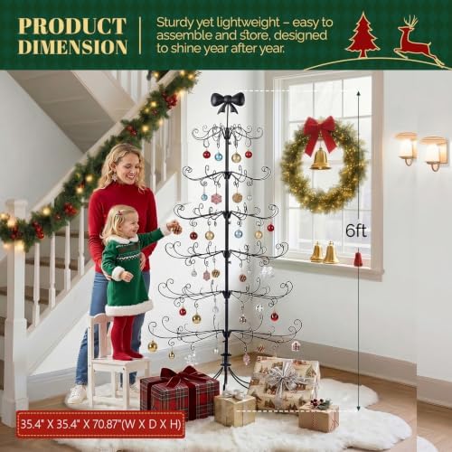 VINGLI 6ft Metal Christmas Ornament Tree Stand w/Bow Topper, 192 Branches, Decorative Iron Display Tree for Hanging Ornaments, Wrought Iron Christmas Tree Decoration for Holiday Home Decor, Black - Image 7