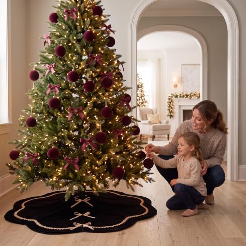 Arrowbash 48 Inch Black Christmas Tree Skirt Velvet Fur Scallop Tree Skirt Sparking Gold Lace Trim for Party Rustic Xmas Holiday Decorations All Year - Image 6