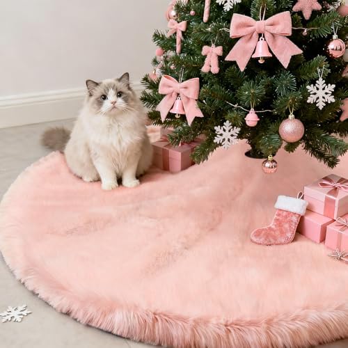 yuboo Salmon Pink Christmas Tree Skirt 48 inches, Fuzzy Fur Pastel Tree Skirt Rug Pink Christmas Decor for Slim Pencil Tree and 6-7 FT Christmas Trees - Image 6