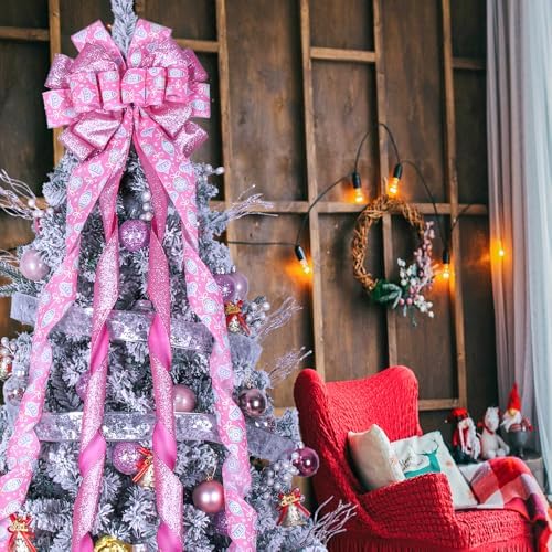 Christmas Tree Topper Wreath Bow Large Pink Christmas Bow Tree Topper 52"x13" Pink Alien Ball Glitter Satin Ribbon Gift Bows for Xmas Holiday Home Wedding Thanksgiving Indoor/Outdoor Decoration - Image 6