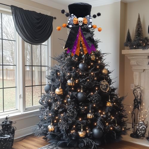 Halloween Tree Topper Hat with Wired Bow, Black Velvet Top Hat with Skull - Image 7