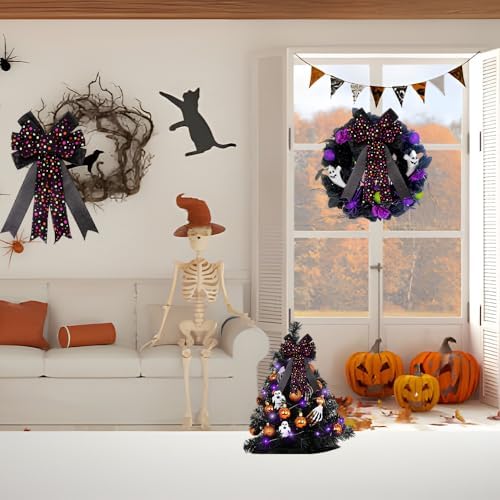 Large Halloween Tree Topper Bow, Black Colorful Polka Dot Wreath Bow - Image 5