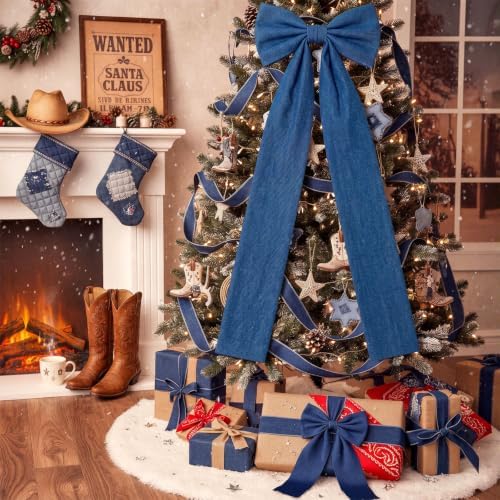 Soulchen 16 x 46 Inch Blue Denim Christmas Tree Topper Extra Large Christmas Bow Giant Coquette Bow Gift Decor for Xmas Tree Wreath Wall Birthday Wedding Holiday Party Decorations - Image 6