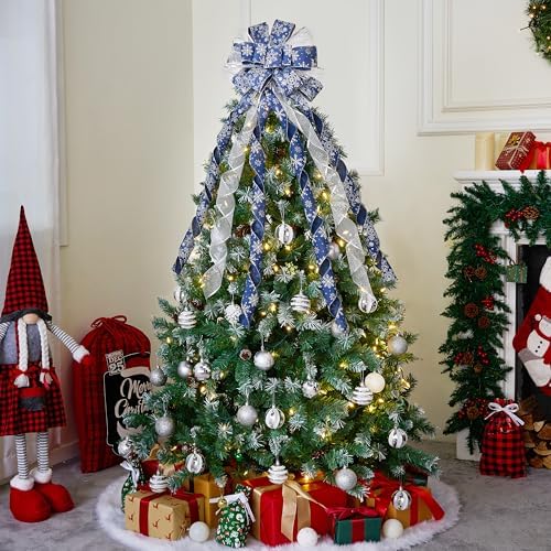 JOIEDOMI 45 Inch Christmas Tree Topper Wreath Bow, Blue and Silver Ribbon Ornaments with Snowflakes and Glitter, Large Gift Decor for Xmas Holiday Themed Decoration Home Parties Wedding - Image 7