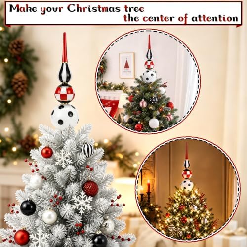 Roowest 13 Inch Black and White Checkered Glass Christmas Tree Topper Decor - Image 6