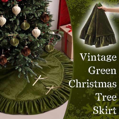 Velvet Christmas Tree Skirt, 48 Inches, Bow Style, Olive Green - Image 6