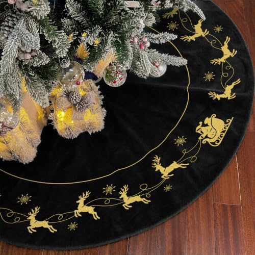 60 inch Christmas Tree Skirt ,Large Elegant Velvet Fur Plush Black Tree Skirt, Xmas Tree Skirts with Santa Sleigh & Wine red Embroidered Tree Skirt for Merry Christmas Tree Decorations by Scritism