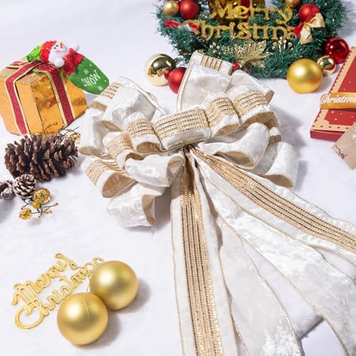 Christmas Tree Topper, 40x13 Inches Toppers Bow with Glitter Satin Mesh Streamer and Patterned Ribbon, Christmas Tree Topper Bow for Christmas Home Decoration (Shimmering Pale Gold) by CANGBI