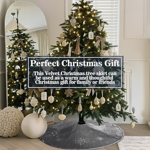 Gray Velvet Tree Skirt 48 Inch, Gold Snowflake Rhinestone - Image 6