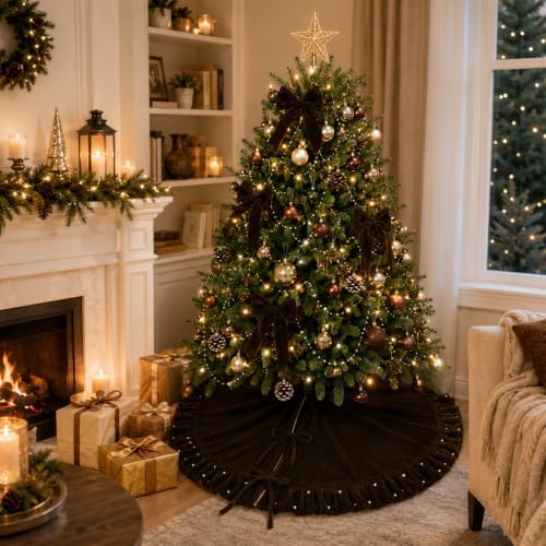Christmas Tree Skirt, Dark Brown Velvet with Ruffled Pearl Trim, 60 Inch - Image 7