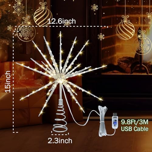 HMASYO 15 Inch Twinkling Starburst Christmas Tree Star Topper, 19-Point Silver Star Tree Topper with 150 LED, Remote Control & Timer, USB Power for Indoor Home Holiday Party Xmas Tree Decoration - Image 6