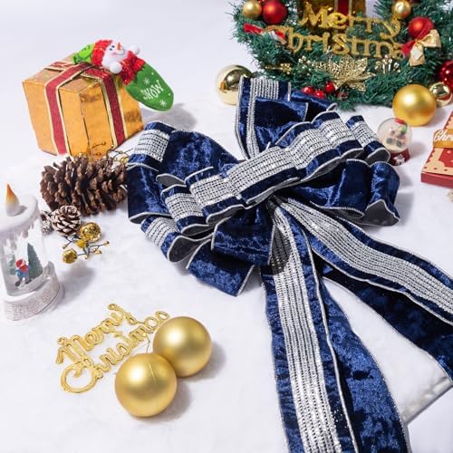 Christmas Tree Topper, 40x13 Inches Toppers Bow with Glitter Satin Mesh Streamer and Patterned Ribbon, Christmas Tree Topper Bow for Christmas Home Decoration (Shimmering Blue) by CANGBI