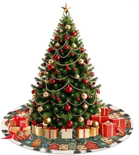 Dark Green Vintage Christmas Tree Skirt Winter 30 Inch Pine Tree Wonderland Forest Village Town House Snowflake Trees Skirts Mat for Xmas Holiday Ornament Rustic Farmhouse Decoration - Image 7