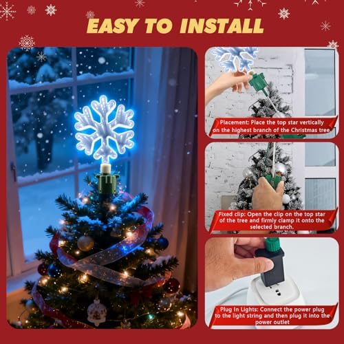 Christmas Tree Topper Lighted with White LED Lights, 360° Rotating Snowflake Tree Topper Ornament with Clip, Infinity Mirror Tree Topper Snowflake for Xmas Party Holiday Christmas Decorations - Image 6