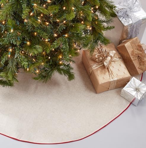 SARO LIFESTYLE Linen Christmas Tree Skirt – Toscana Collection – Natural with Red Piping – Classic Holiday Farmhouse Décor, 84", Red - Image 5
