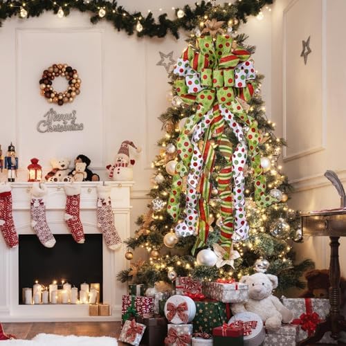 Christmas Tree Topper Wreath Bow Large Green Christmas Bow Tree Topper, Red Green Dot Polyester Gift Bows for Xmas Ornament Holiday Home Thanksgiving Indoor/Outdoor Decoration 45"x13" - Image 6