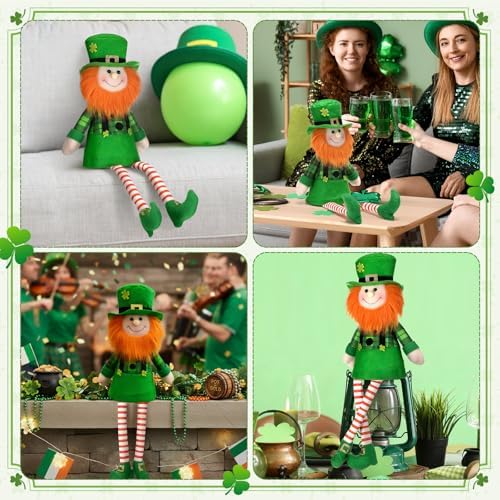 Soulchen 18.9 Inch Large St Patricks Day Tree Topper Leprechaun Gnome Tree Topper with Dangling Legs Oversized Irish Green Shamrock Sitting Decoration for St. Patrick's Day Holiday Party Decor - Image 6