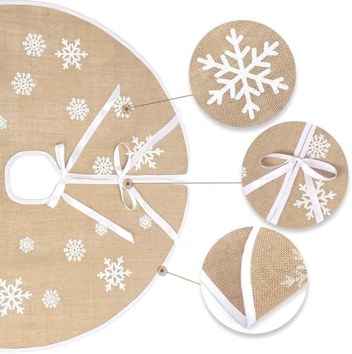 30 Inch Burlap Christmas Tree Skirt with White Snowflakes, Khaki - Image 6