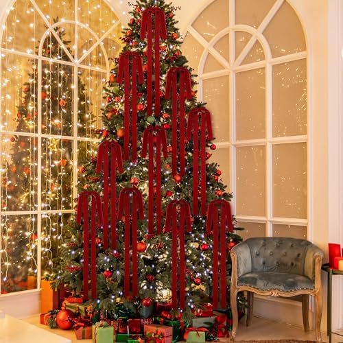 Janinka 12 Long Burgundy Christmas Velvet Bow Ornament Vintage Tree Decor - Image 6