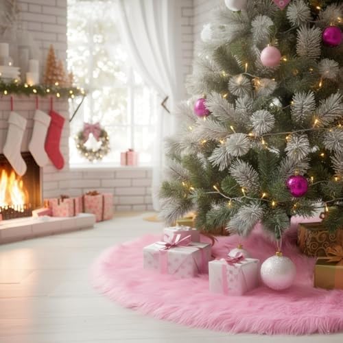 CHICHIC 48 inch Christmas Tree Skirt Faux Fur Xmas Tree Skirt Christmas Decorations Holiday Tree Ornaments Tree Decoration for Christmas Home Decorations, Xmas Party Holiday Decorations, Pink - Image 6