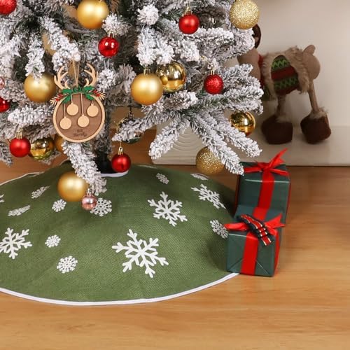 30 Inch Burlap Christmas Tree Skirt with White Snowflakes, Green - Image 6