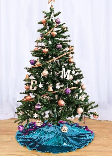 Christmas Tree Skirt 24 Inches Turquoise to Hot Pink Mermaid Sequin Tree Skirts 24 Inches Small Round Tree Skirt for 1.5ft Xmas Trees Indoor or Outdoor - Image 5