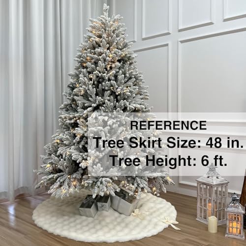 48-Inch Puff Quilt Faux Fur Christmas Tree Skirt, Soft Plush Tufted Texture with Satin Ribbon Ties, Cream - Image 6