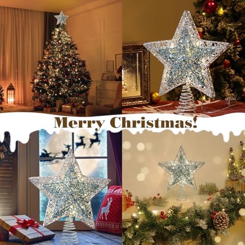 Lewondr Lighted Christmas Star Tree Topper with Remote & Timer, Blue&Silver - Image 6