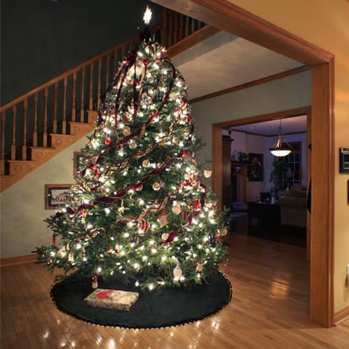 Christmas Tree Skirt, Black Christmas Tree Skirt 48 inches Soft Double Layer Burlap Tree Skirt with Pom Pom for Rustic Christmas Halloween Decorations - Image 7