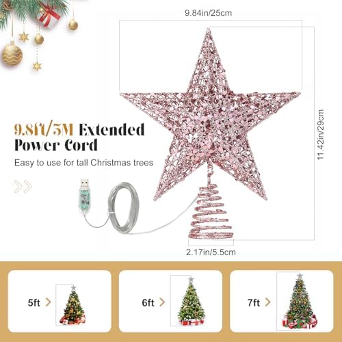 Lewondr Christmas Star Tree Topper with Lights and Sequins, Pink - Image 6