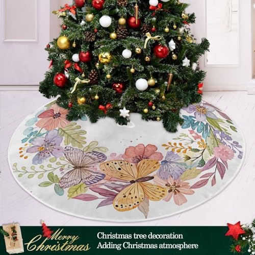 Blueangle Beautiful Flower Butterfly Tree Skirt for Xmas Decor Festive Holiday Mother's Day Decoration, 35.4 Inch in Diameter - Image 6