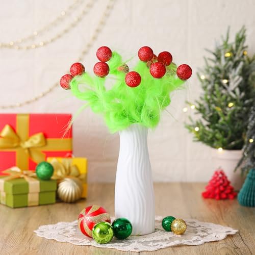 Gejoy 12 Pcs Christmas Tree Topper Green Christmas Picks Lime Green Furry Tree Topper Picks 12'' Xmas Curly Stems Ornament Sprays Elf Ornament for Xmas Wreath Vase Filler Branches Decorations - Image 6