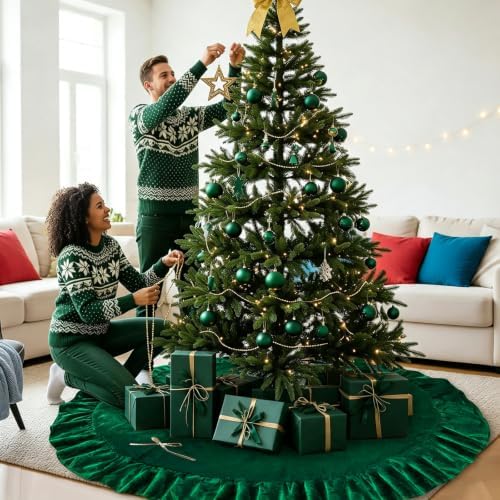 60 Inches Velvet Christmas Tree Skirt Decorations Green Luxury Xmas Fur Plush Skirts for Merry Christmas Party Rustic Vintage Holiday Home Winter - Image 7