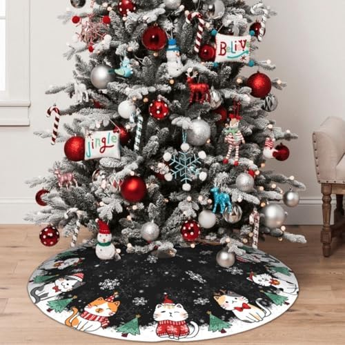 Christmas Cat Christmas Tree Skirt - Plush Polyester Mat Resistant with 3 Red Ties for Xmas, Halloween Decorations, Party Decor 48" - Image 5