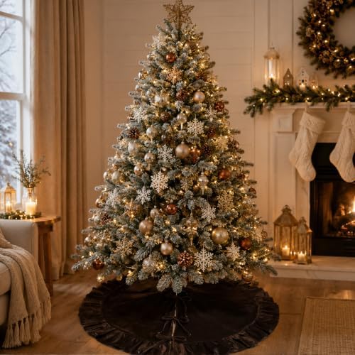 59-Inch Chocolate Brown Ruffled Velvet Christmas Tree Skirt with Bow Ties, Extra Large Vintage Round Pleated Xmas Tree Base Cover for Christmas Holiday Home and Party Decor, 150 cm - Image 6