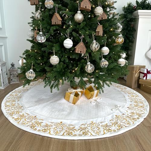 72-Inch Victorian Velvet Christmas Tree Skirt with Gold Damask Embroidery and Plush Lace Ties, Ivory - Image 6