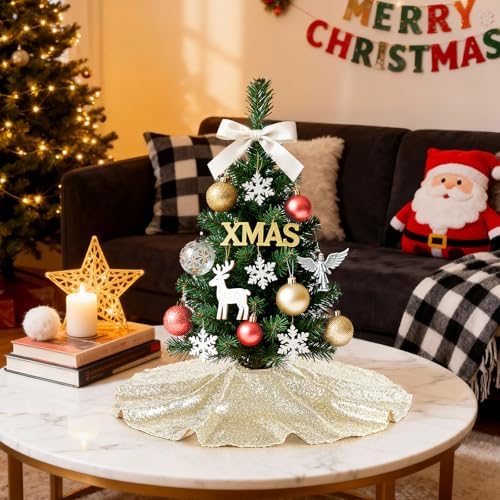 24 Inch Christmas Tree Skirt Light Gold Sequin Fabric Christmas Trees Mat - Image 6