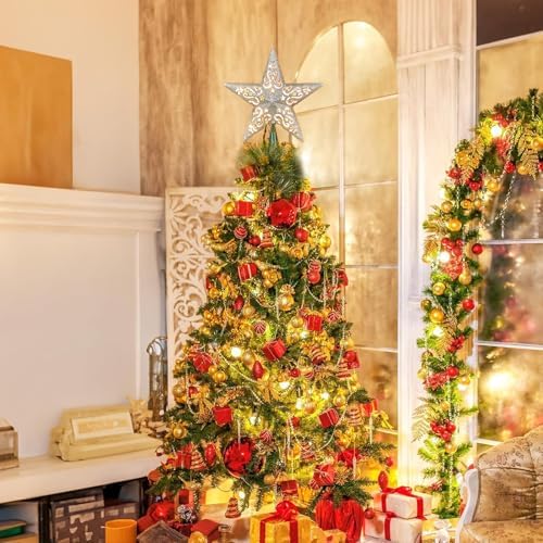 8" Silver Glittered Hollow Christmas Star Tree Topper with Built-in 10-Bulb String Lights and 2 Fuses for Holiday Decor, Green Base - Image 6