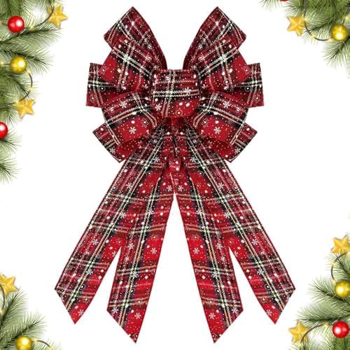 Christmas Wreath Bow - 20 x 11 Inches Large Red Burlap Buffalo Plaid Craft Bow for Home & Front Door Decorations by CHMOART
