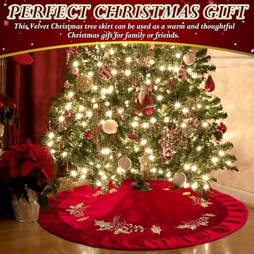 48 inches Velvet Christmas Tree Skirt Red Wine Gold Fur Plush Tree Skirt Luxury Xmas Skirts for Merry Christmas Party Vintage Holiday Decorations(Red with Gold Embroidered Holly) - Image 6