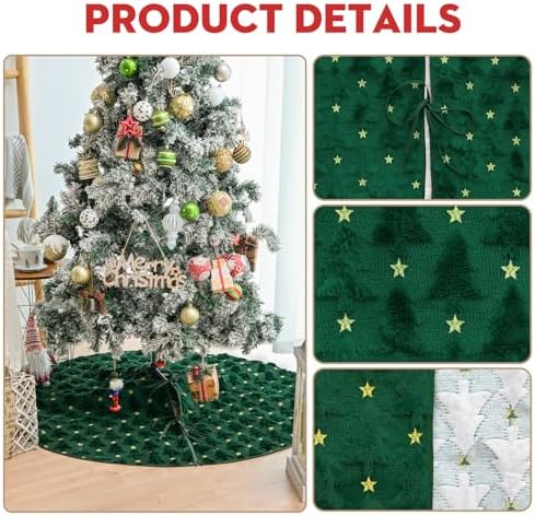 AVOIN colorlife Soft Plush Faux Fur Christmas Tree Skirt 48 Inch, Jacquard Green Xmas Star Pine Trees Winter Holiday Mat Decoration - Image 6