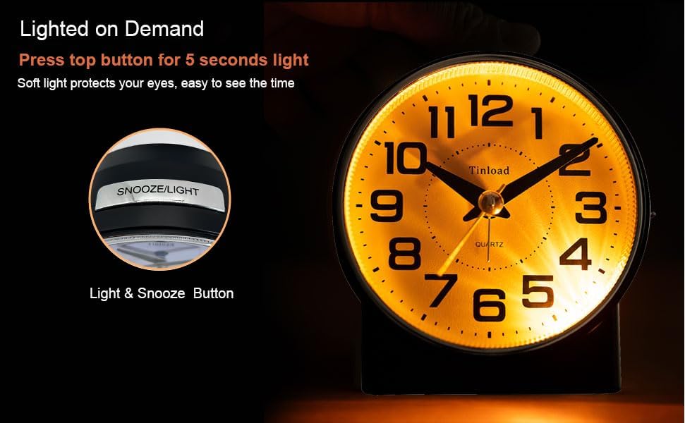 Tinload 4.3" No Ticking Analog Alarm Clock,Silent Readable for Seniors,Easy to Set,Gradual Rise Alarm,Big Numbers,On/Off Switch on Side,Gentle Wake,Snooze,Lighted on Demand,Battery Operated,Black - Image 6